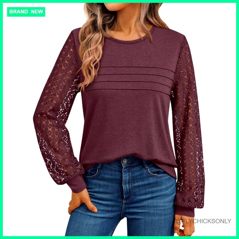 Long Sleeve Lace Blouse, Business Casual Top, Crewneck T-Shirt, Polyester Blend